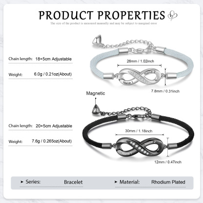 2PCS Bracelets Infini 2 Prénoms Personnalisés pour Couple Bracelet Magnétique