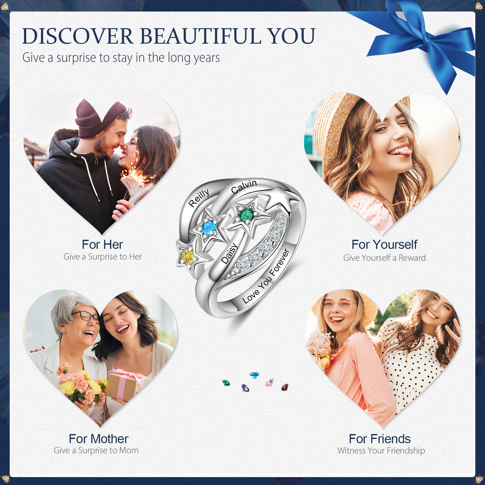 Bague étoilé 3 Prénom Personnalisé avec 3 Pierre de Naissance et texte en Argent 925