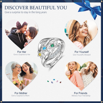 Bague étoilé 3 Prénom Personnalisé avec 3 Pierre de Naissance et texte en Argent 925