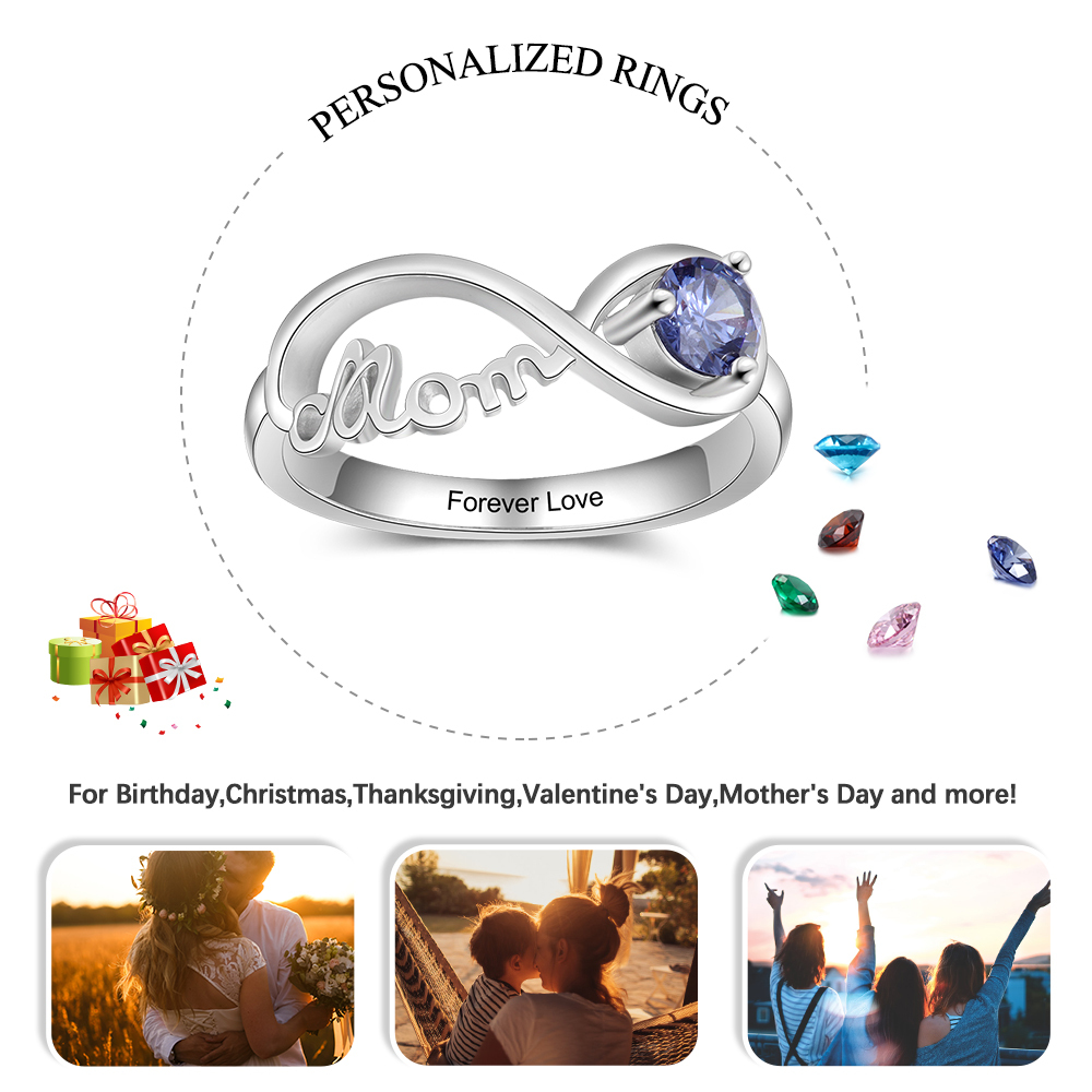 Bague infini MOM avec 1 Pierre de Naissance argent sterling 925