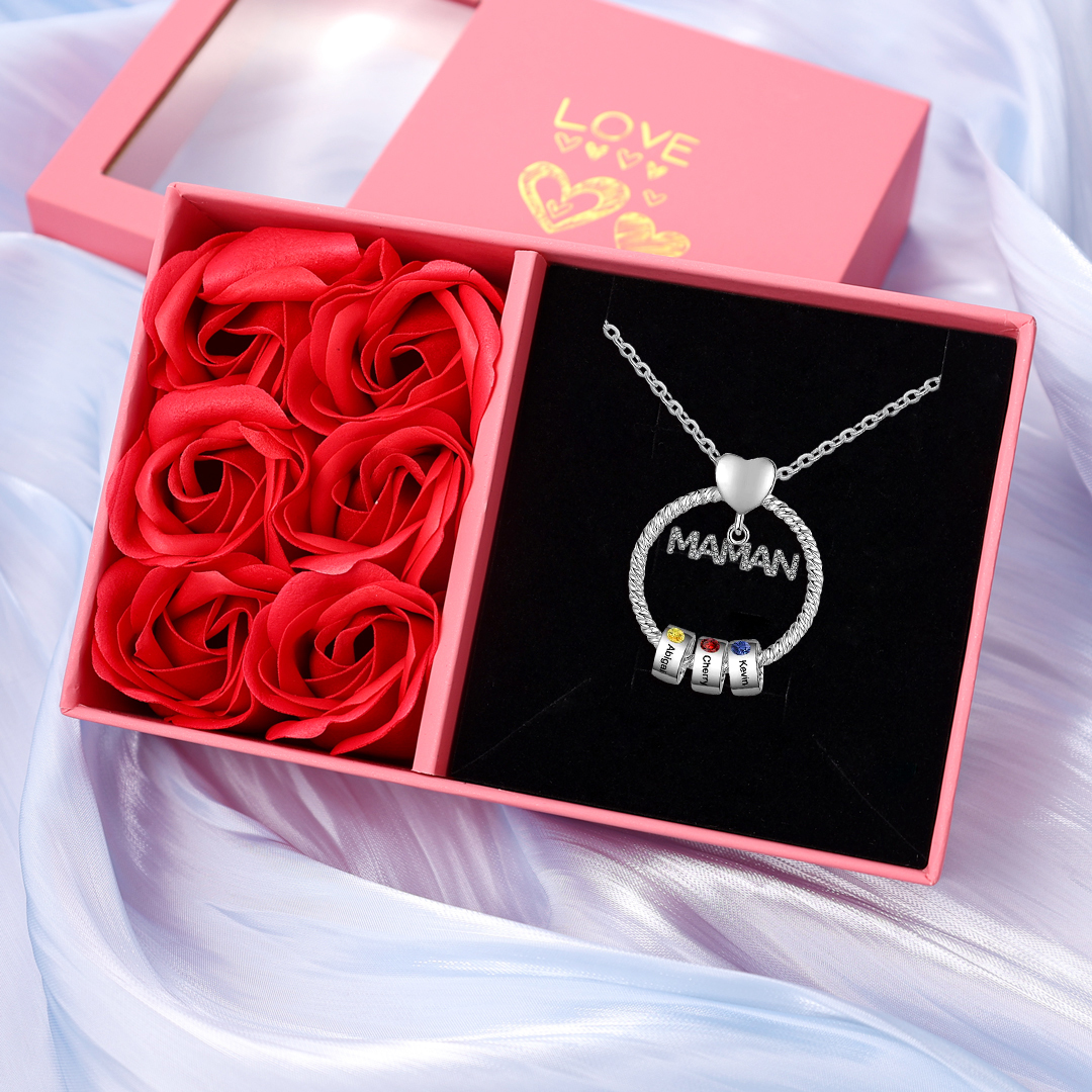 À ma Maman - Collier Pendentif 3 Prénoms Personnalisés avec Pierre de naissance