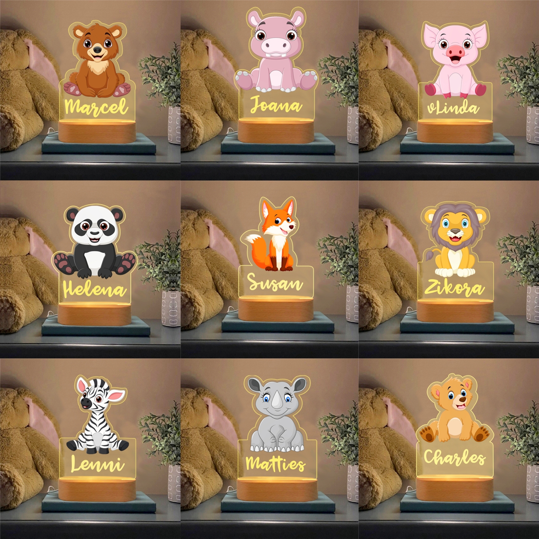 Lampe de chevet 27 animaux Prénom personnalisé LED Lumières 