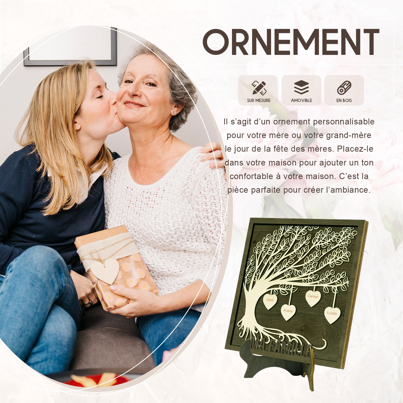 Décoration en bois Arbre de Vie 4 Prénoms Personnalisés Ornement Famille
