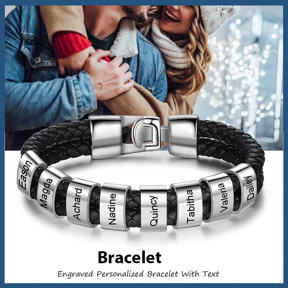 À mon Papa - Bracelet Cuir tressé 8 Perles et Prénoms Personnalisés Bracelet Hommes