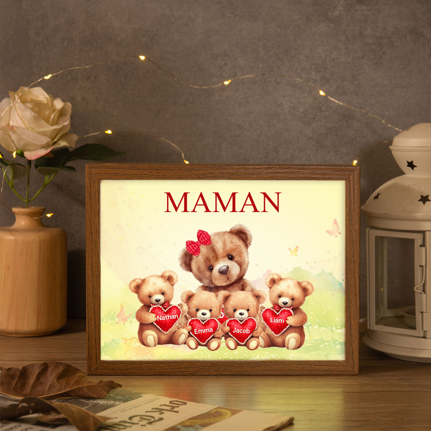 Cadre Photo LED Ours 4 Prénoms Personnalisés avec 1 Texte Décoration Famille