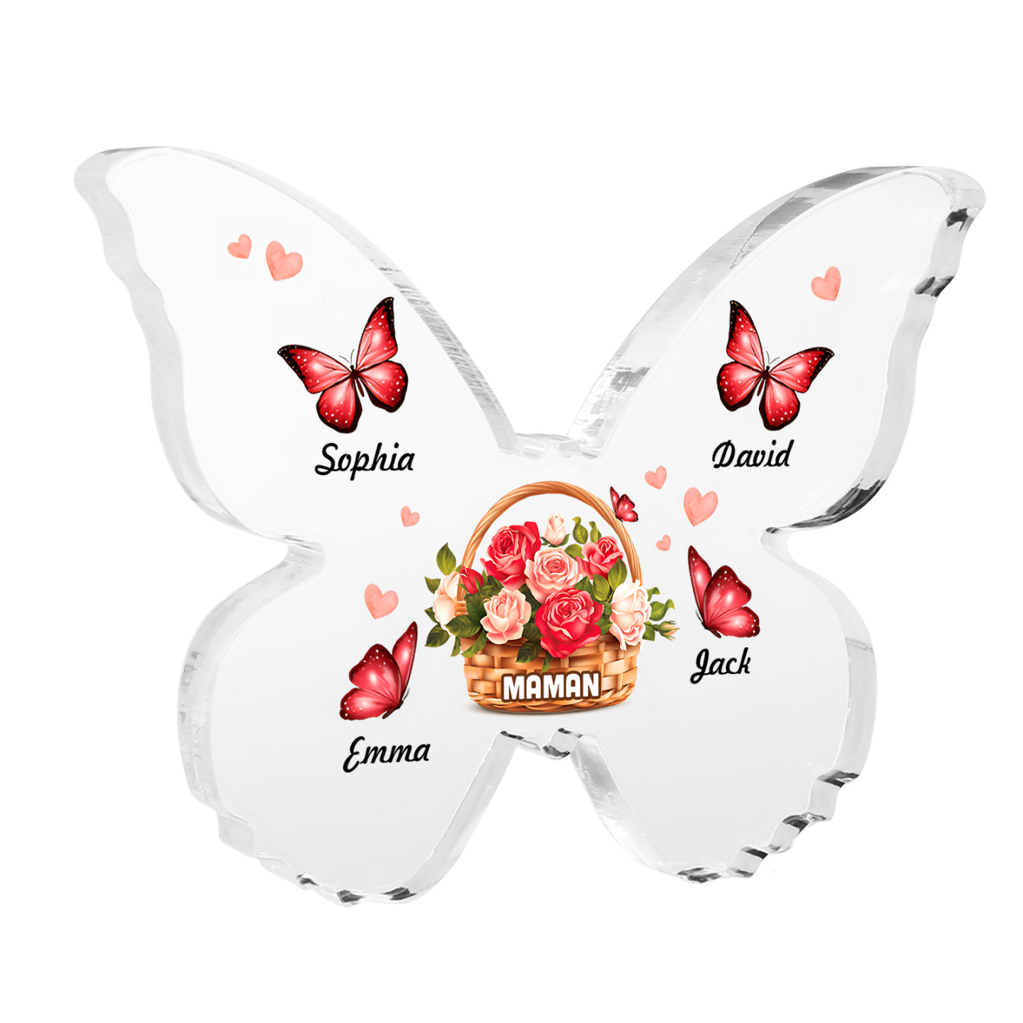 À Maman/Mamie - Plaque Acrylique en forme de Papillon 4 Prénoms et 1 Texte Personnalisés Decoration Fleurs et Papillons