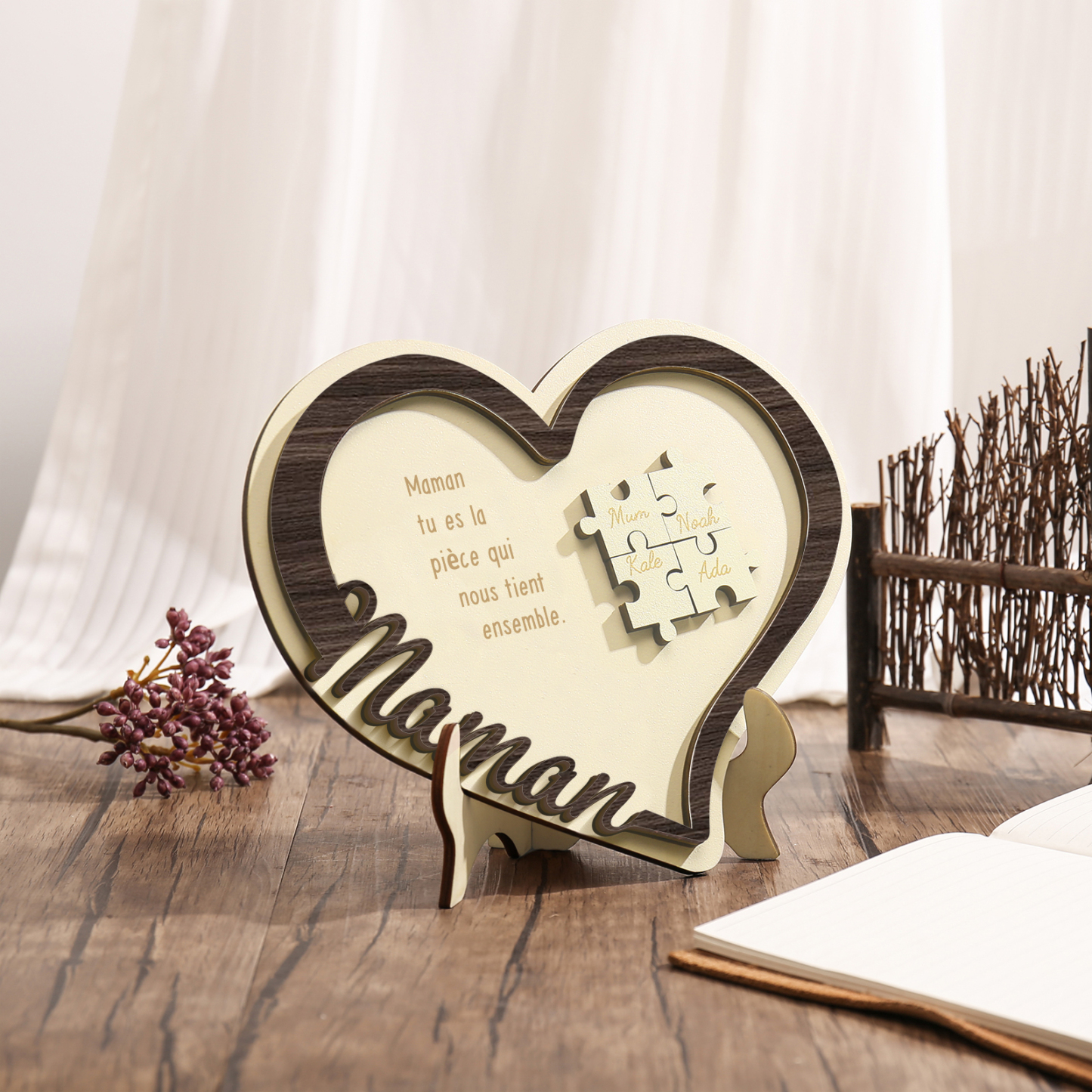 À ma Maman - Décoration en bois Cœur Puzzle 4 Prénoms Personnalisés Ornement pour Famille