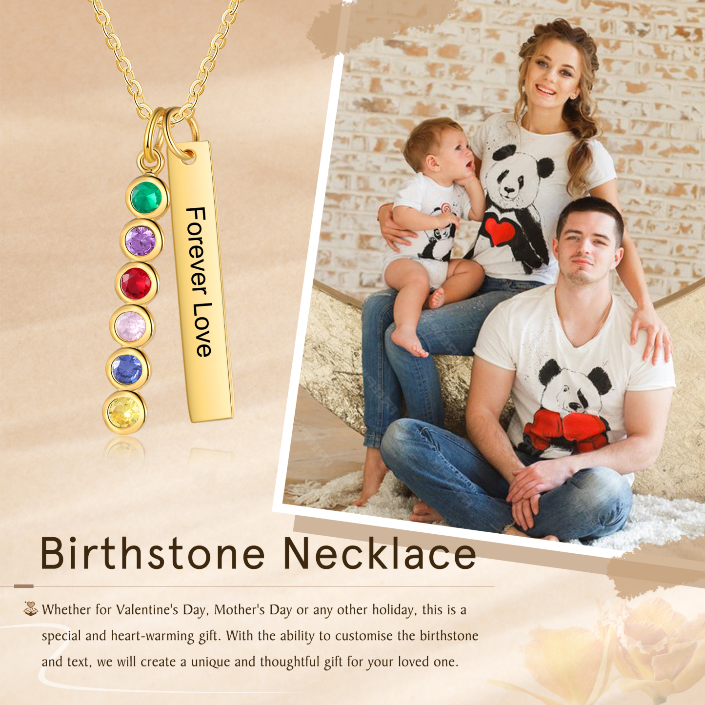 Collier Barre 1 Texte Personnalisé avec 6 Pierres de naissance Collier Femmes