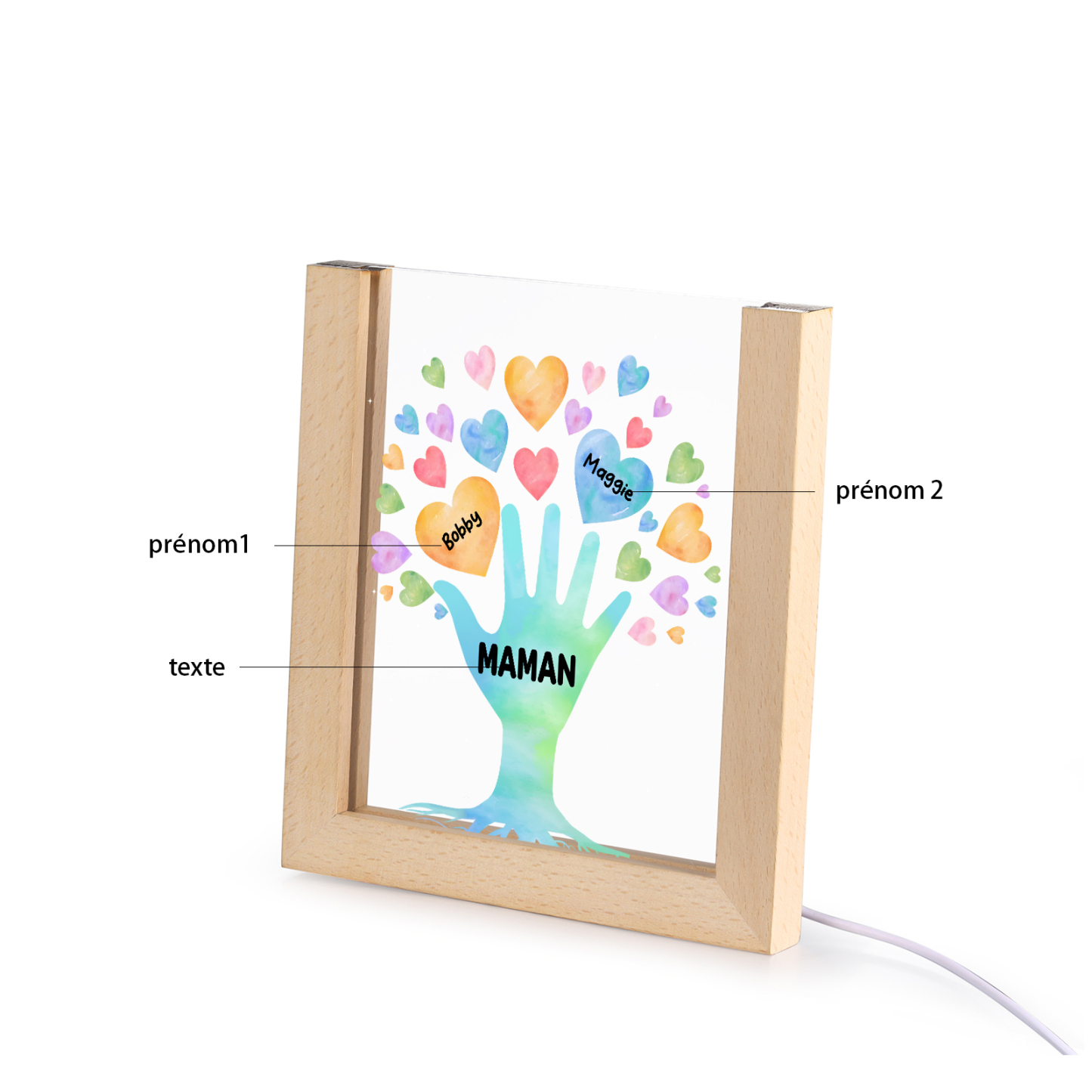 À Maman/Mamie - Lampe de chevet LED Main et Cœur 2 Prénoms Personnalisés avec 1 Texte