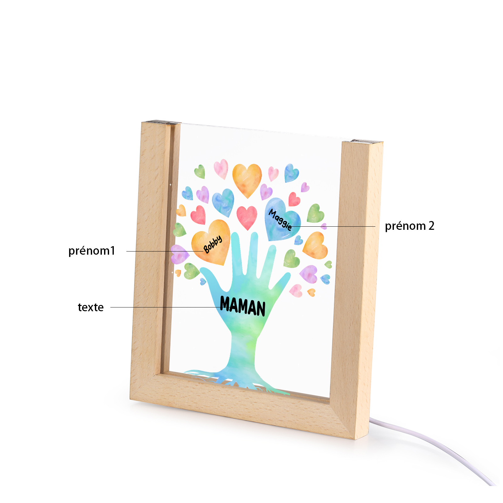 À Maman/Mamie - Lampe de chevet LED Main et Cœur 2 Prénoms Personnalisés avec 1 Texte