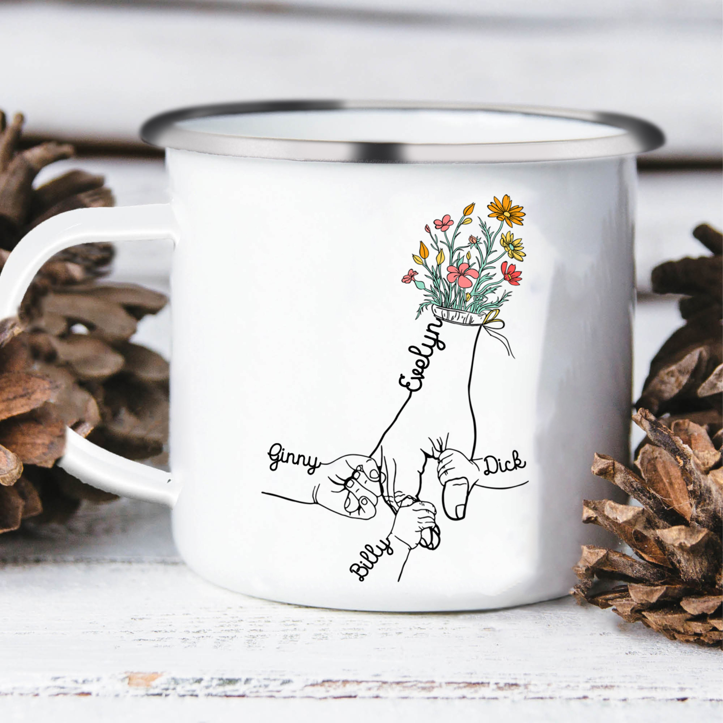 À Maman/Mamie - Tasse émaillée la Main dans la Main 4 Prénoms Personnalisés