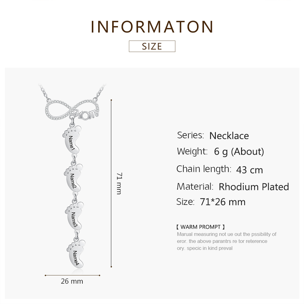 Collier Pieds Bébé 4 Prénoms Personnalisés Collier Infini pour Maman