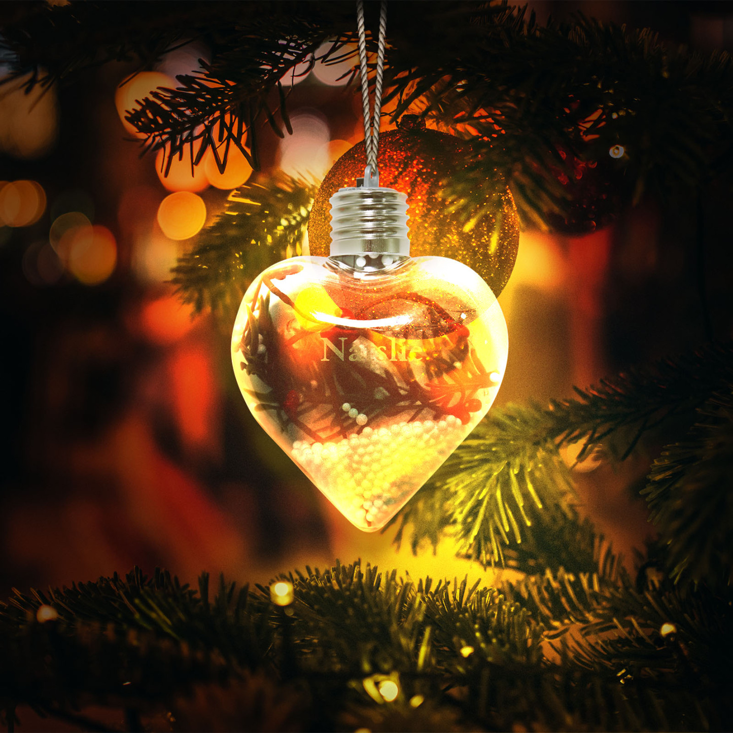 Ornements de Boule transparente Cœur de Noël avec lumières LED texte Personnalisé boule de noël | Jessemade