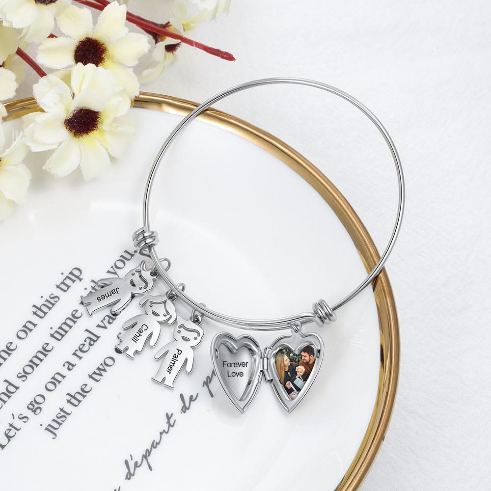 Bracelet Photo Personnalisé Coeur Avec 3 Enfants Breloques