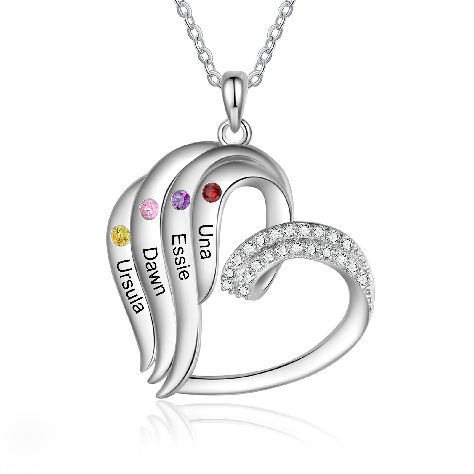 Collier Coeur 4 Prénoms Personnalisés avec Pierre de naissance pour Femmes|Jessemade