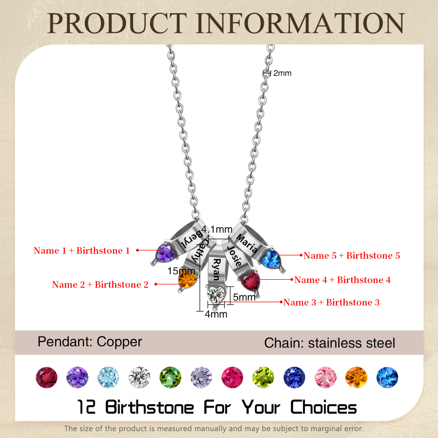 Collier Pendentif Cœur 5 Prénoms et Pierres de Naissance Personnalisés Collier Femmes