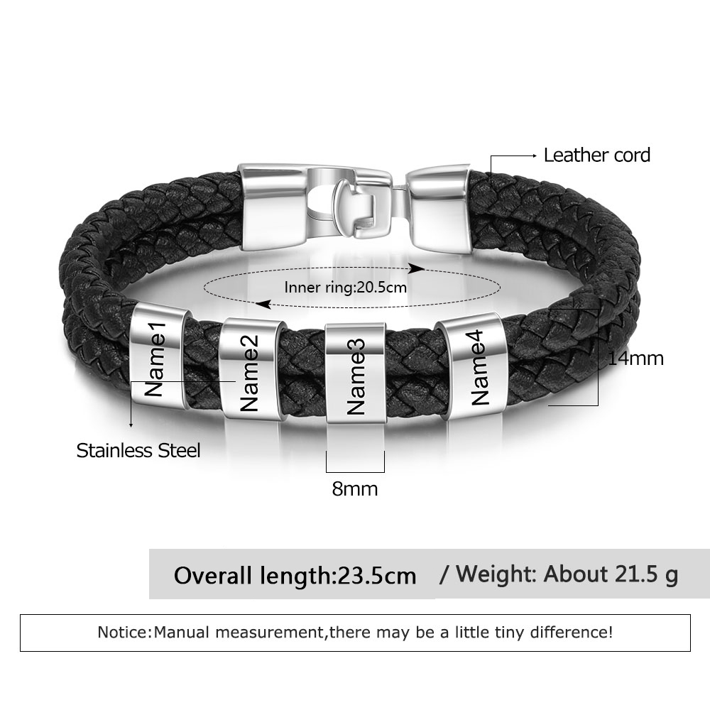 À mon Papa - Bracelet Cuir tressé 4 Perles et Prénoms Personnalisés Bracelet Hommes