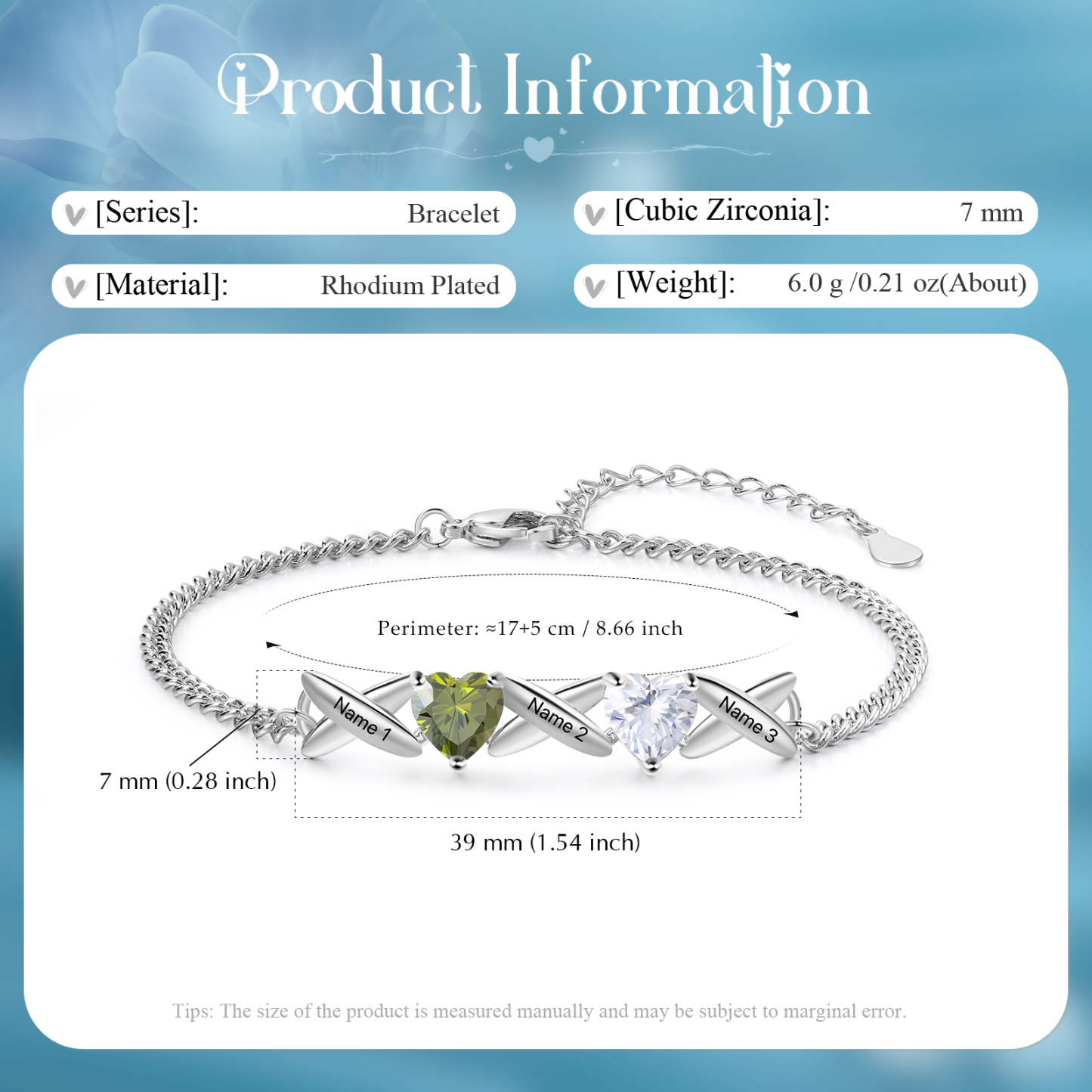 Bracelet Femmes 3 Prénoms Personnalisés avec 2 Pierres de Naissance