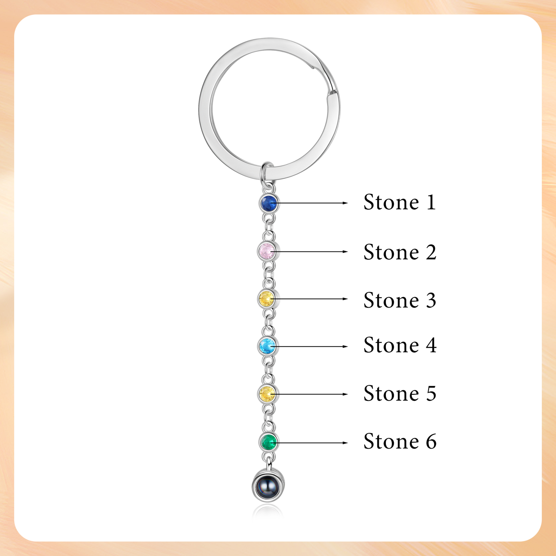 Porte-Clés de Projection Photo Personnalisée avec 6 Pierres de Naissance