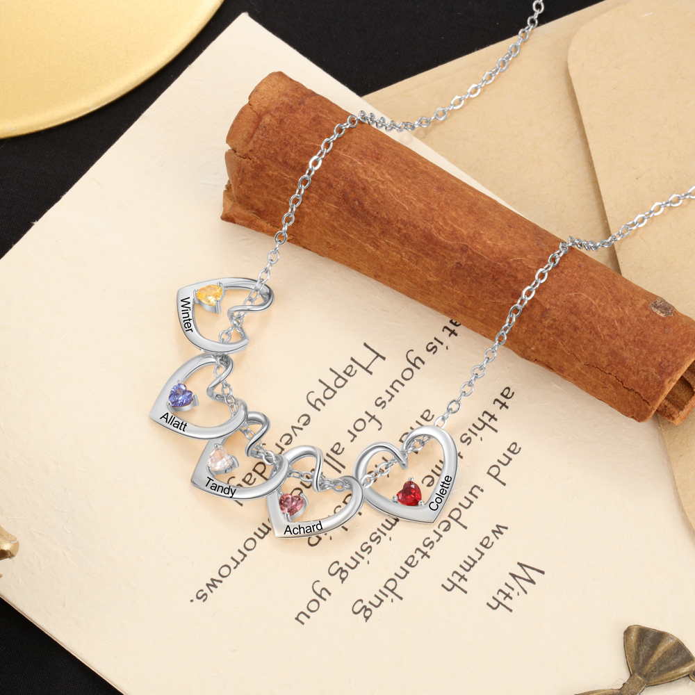 Collier Pendentif Cœur 5 Prénoms Personnalisés avec Pierre de Naissance Collier Femmes | Jessemade