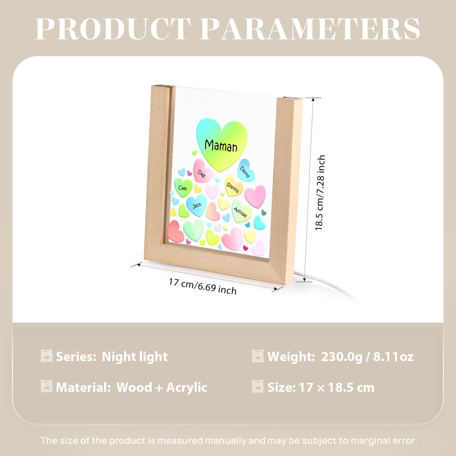 À Maman/Mamie - Lampe de chevet LED Cœurs 6 Prénoms Personnalisés avec 1 Texte