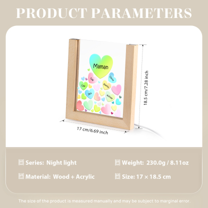 À Maman/Mamie - Lampe de chevet LED Cœurs 6 Prénoms Personnalisés avec 1 Texte