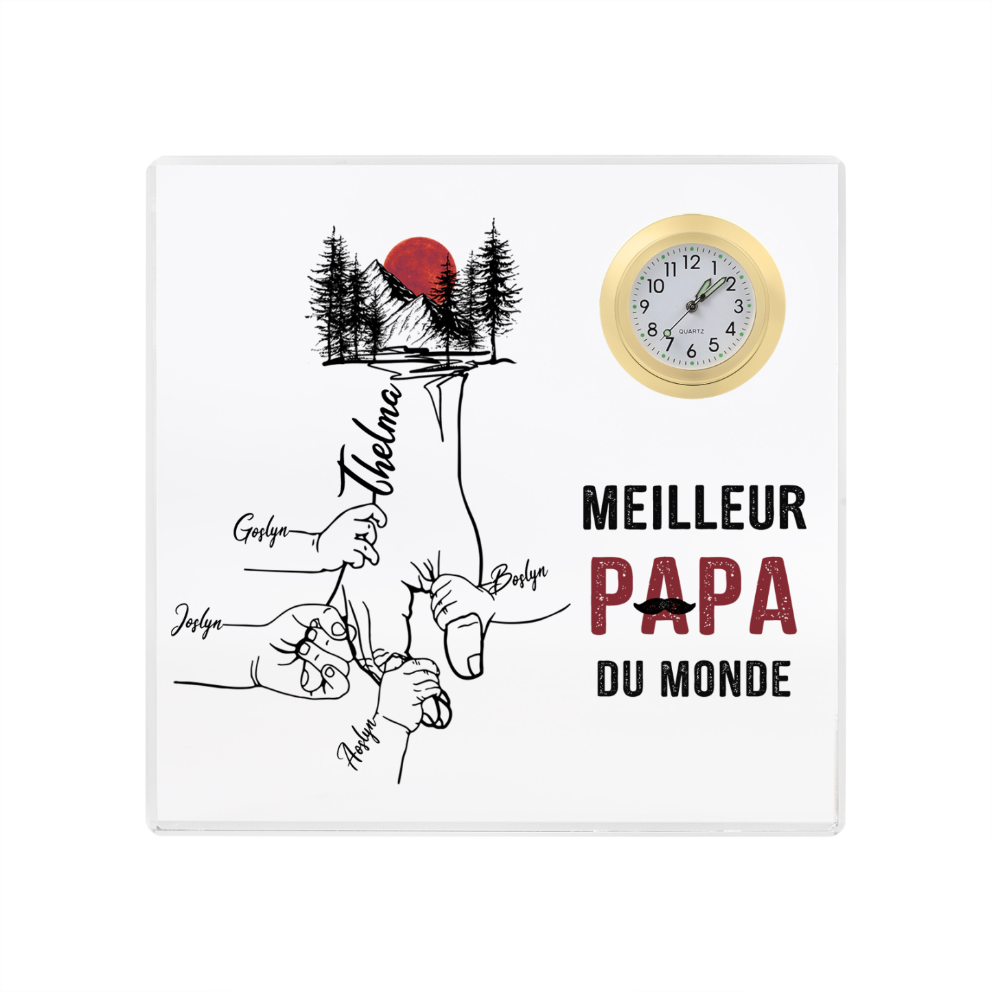 À mon Papa - Plaque Acrylique Carré avec Horloge la main dans la main 5 Prénoms Personnalisés