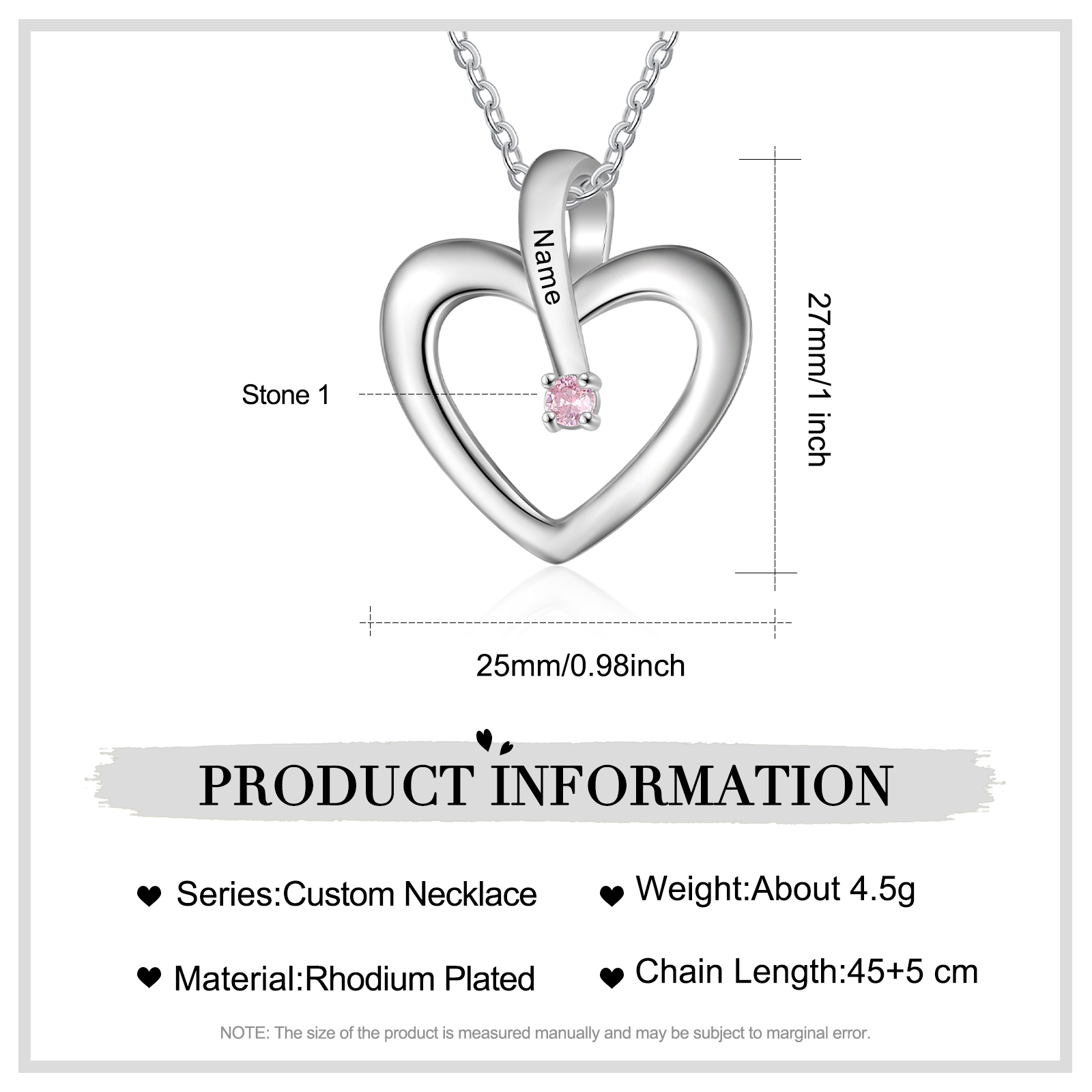Collier Coeur 1 Prénom Personnalisé avec 1 Pierre de Naissance