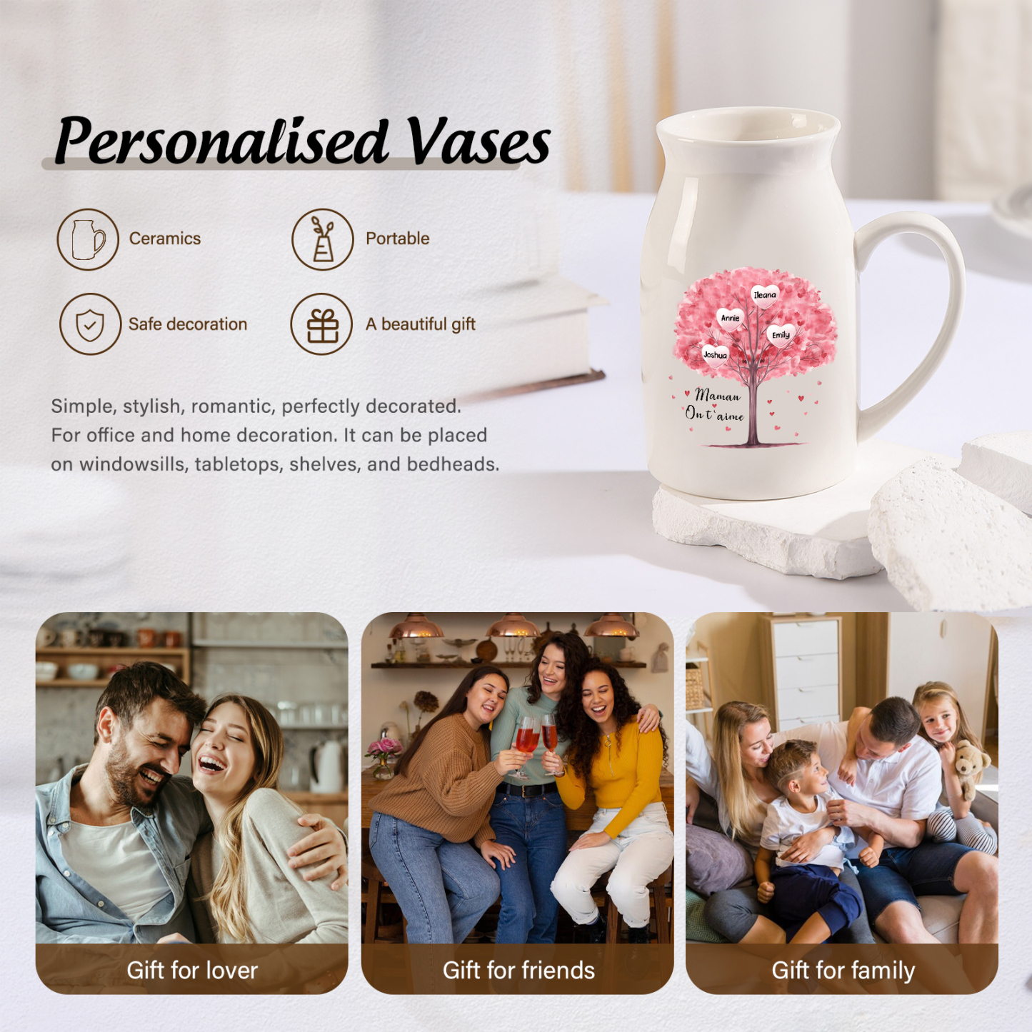 Vase à Fleurs Arbre 4 Prénoms Personnalisés avec Texte Décoration de la Maison