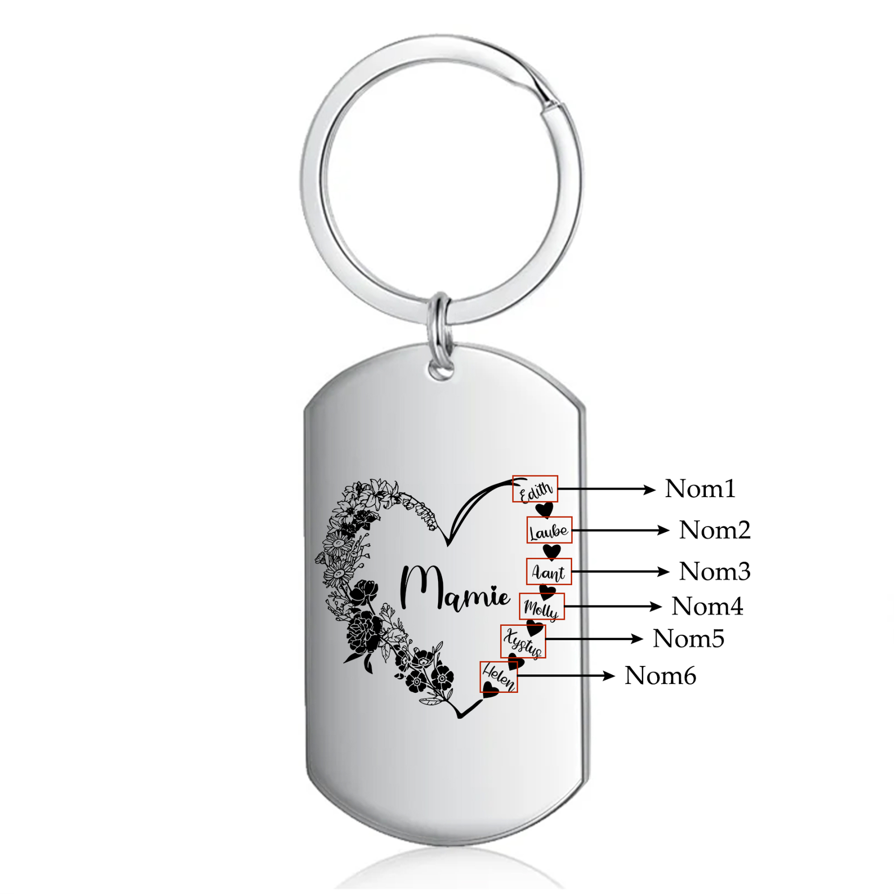 À Ma Mamie - Porte-Clés Fleur et Cœur 1-6 Noms Personnalisés