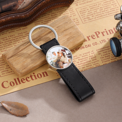 Porte-Clés Cuir PU Rond Photo Personnalisée Porte-Clés Homme