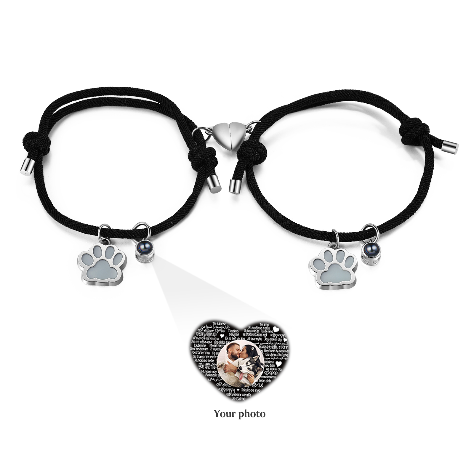 2PCS Bracelets Projection de Pierres Photo Personnalisée pour Couple Bracelet Magnétique Fluorescent