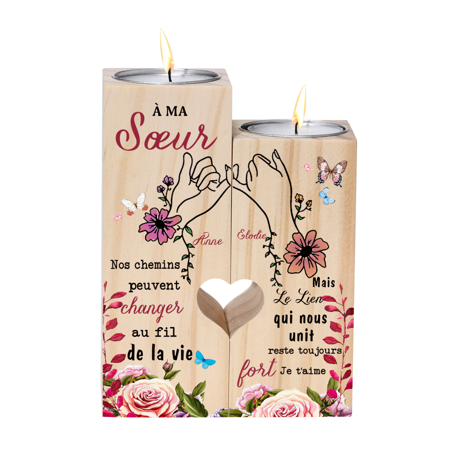 À Ma Sœur - Bougeoir en Bois 2 Prénoms Personnalisés sans bougie