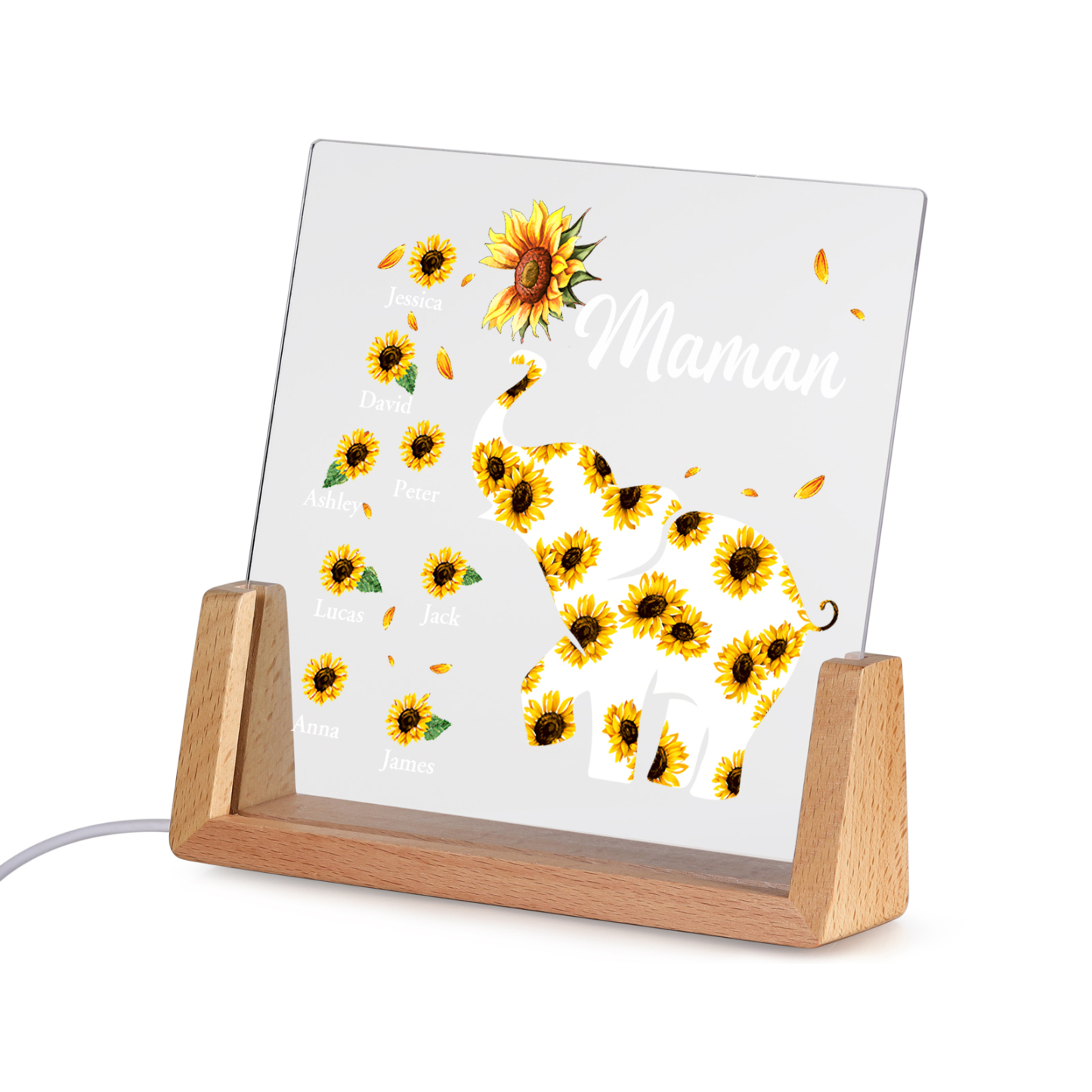 À Maman/Mamie - Lampe de chevet LED Éléphants 8 Prénoms Personnalisés avec Texte