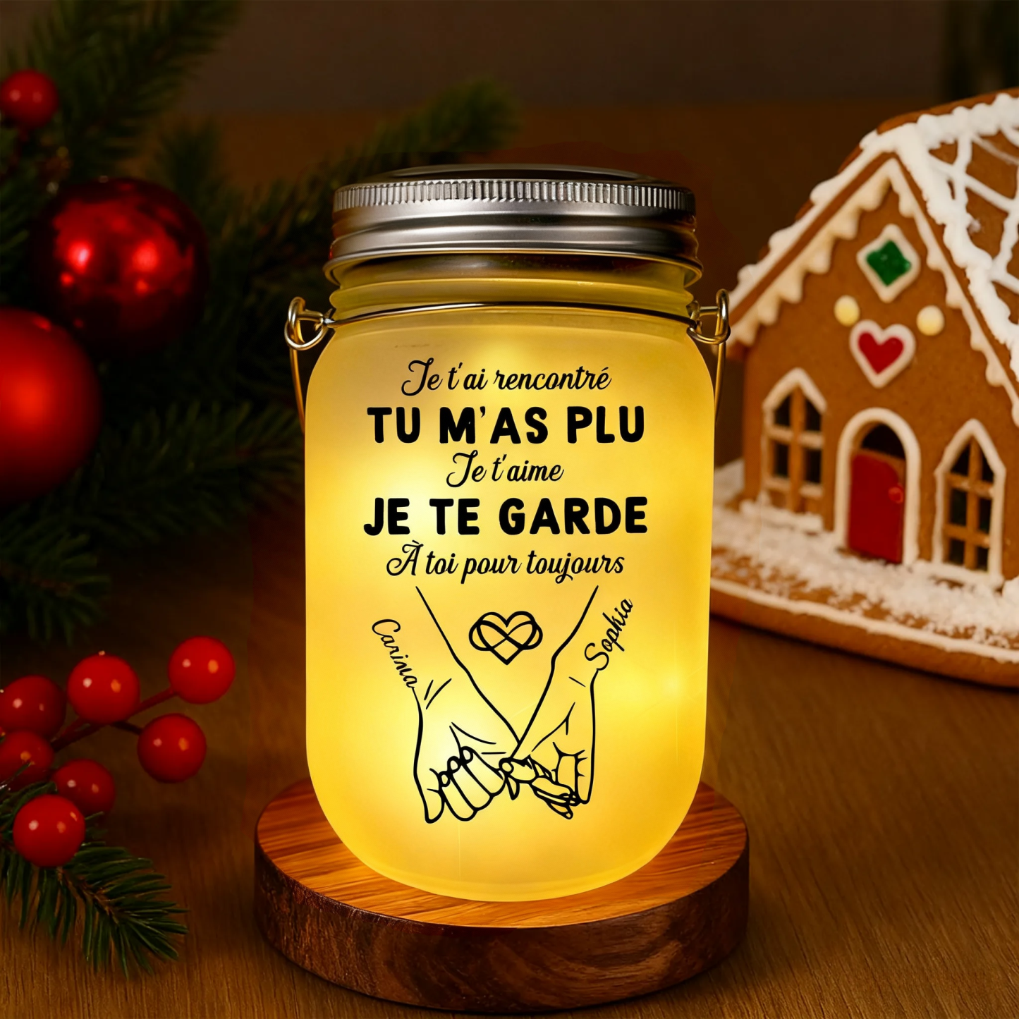 Bouteille Lumineuse Personnalisé – Bocal lumineux Solaire Couple « promesse du petit doigt »