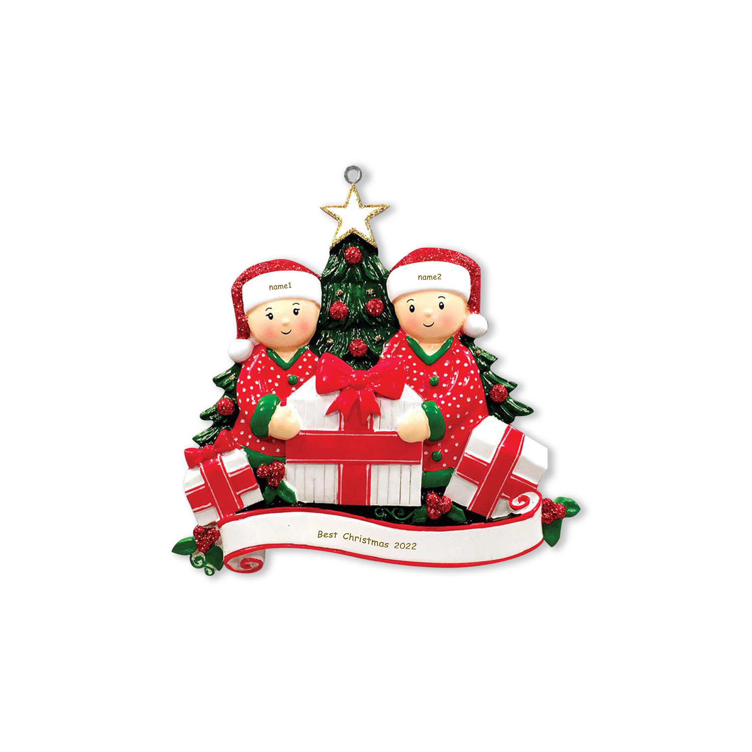 Décoration Sapin Noël Poupée 2 Prénoms Personnalisés et texte