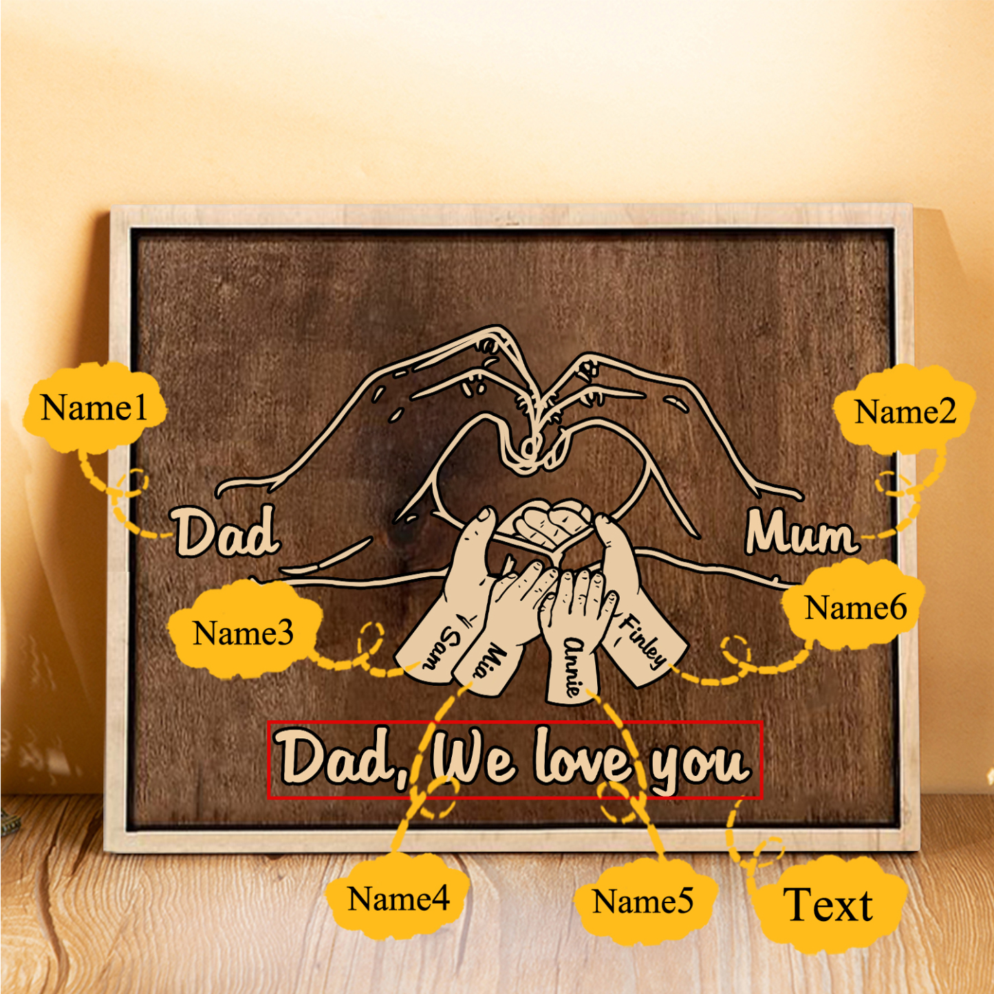 À Papi/Mamie - Cadre en Bois la Main dans la Main 6 Prénoms Personnalisés avec Texte Cadeau pour Famille
