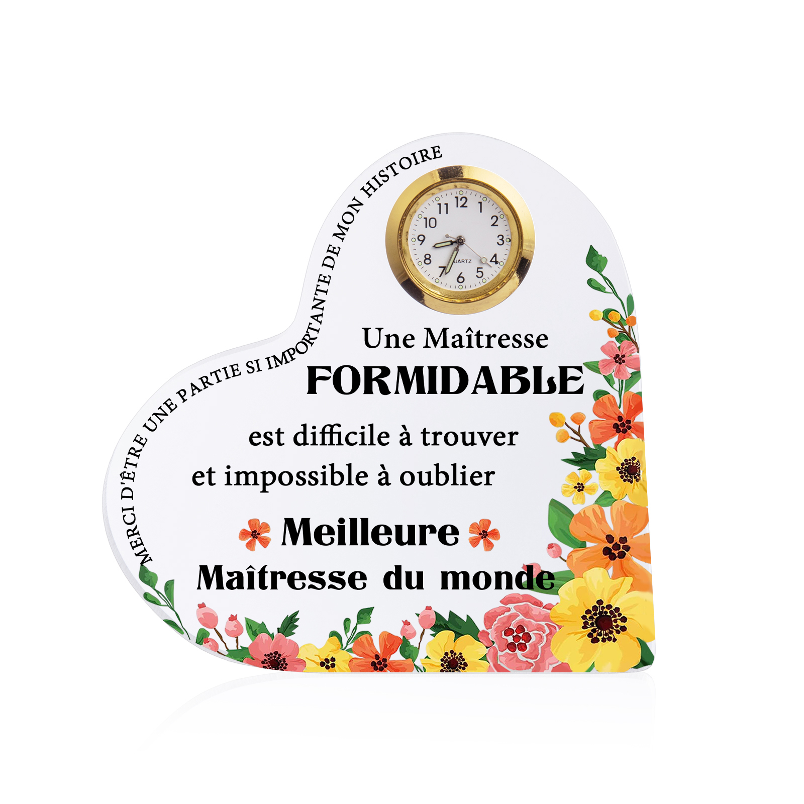 Cadeau Maîtresse – Plaque acrylique Coeur avec Horloge et Message “Meilleure Maîtresse du Monde” | Jessemade