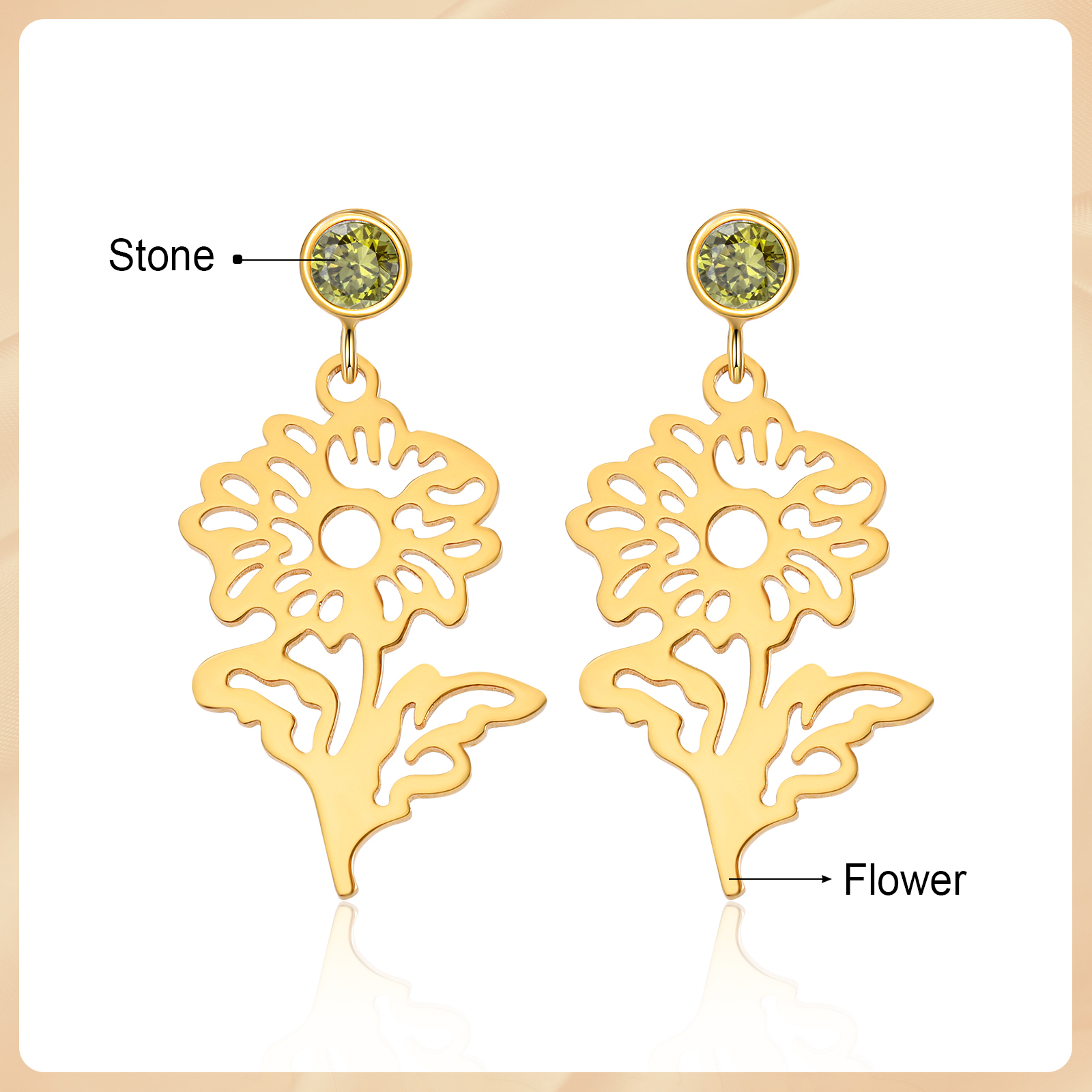 Boucle d'oreille Fleur de Naissance Personnalisé avec Pierre de Naissance