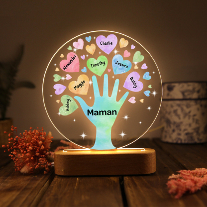À Maman/Mamie - Lampe de chevet LED Lumières Cœur 7 Prénoms Personnalisés avec 1 Texte pour Famille