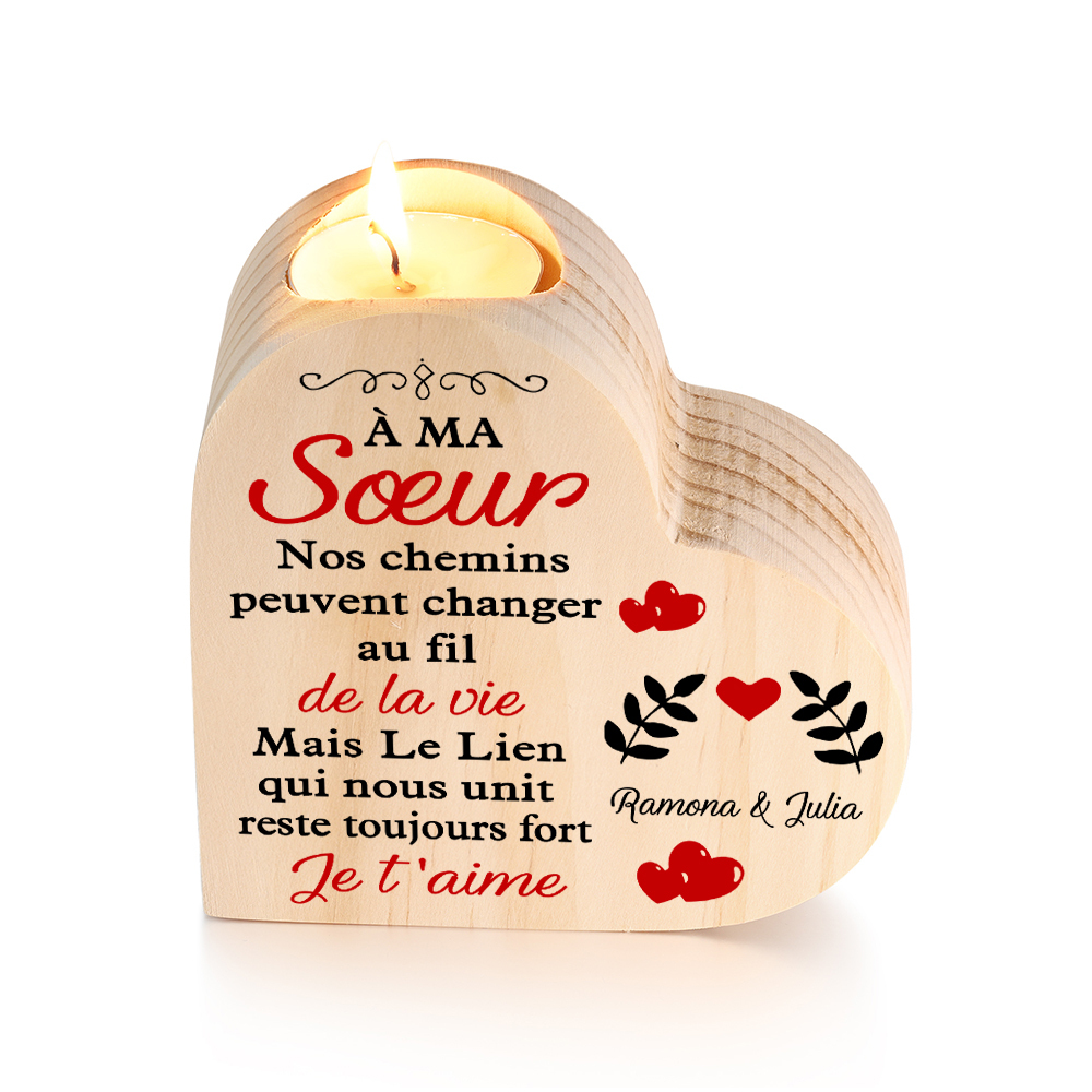 À Ma Sœur - Bougeoir en Bois 2 Prénoms Personnalisés sans bougie