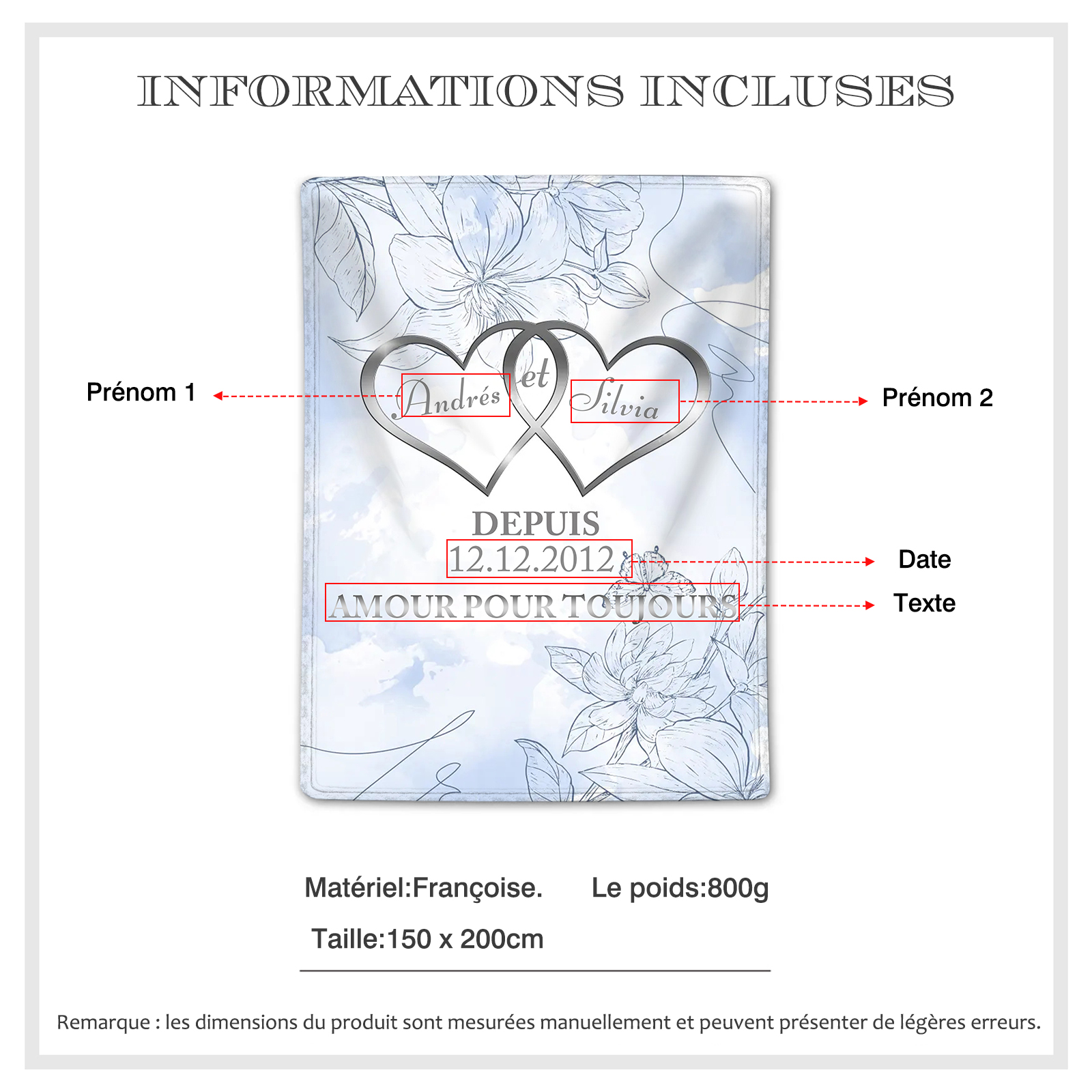 Couverture Plaids Polaire 2 Prénoms Personnalisés avec Date et Texte pour Couple | Jessemade