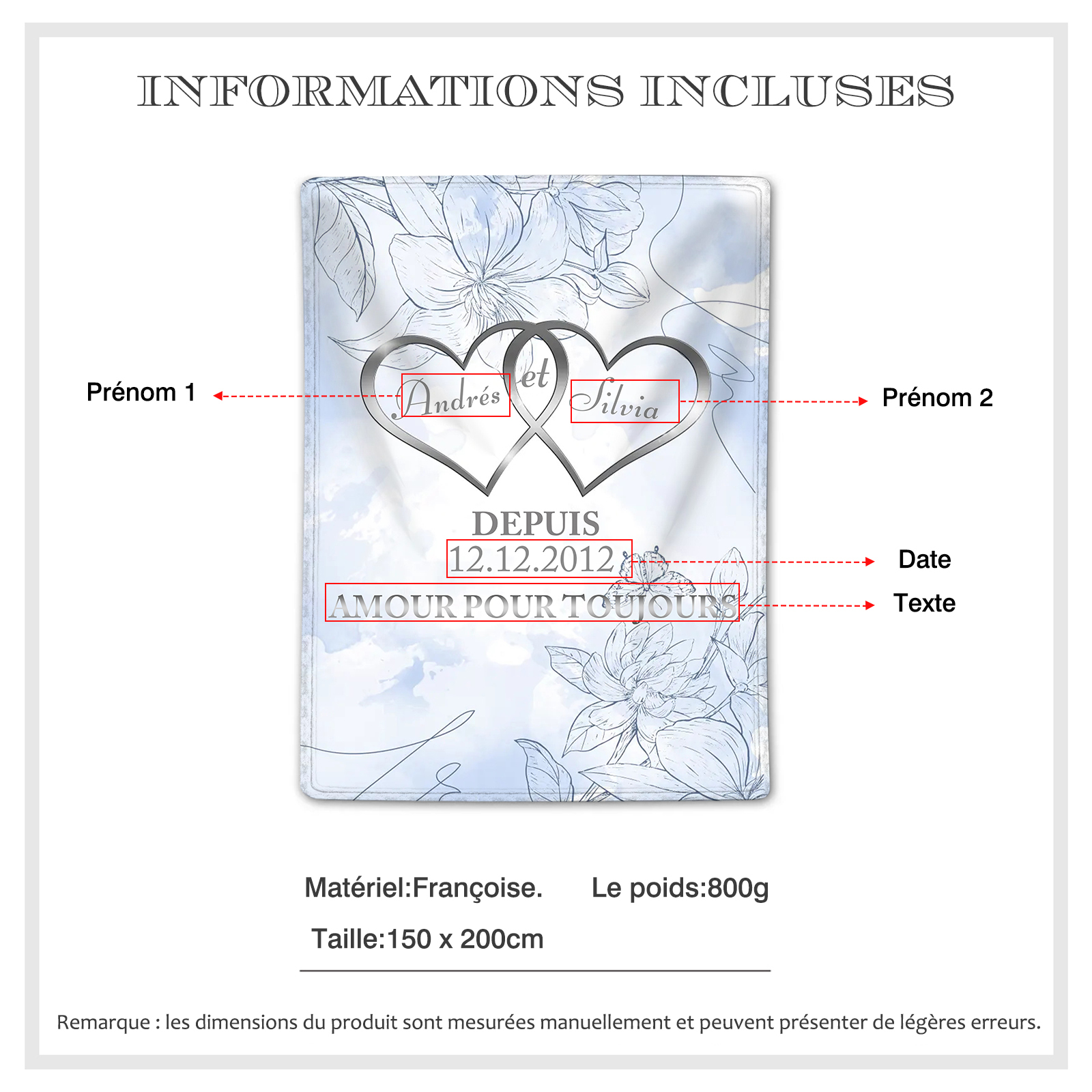 Couverture Plaids Polaire 2 Prénoms Personnalisés avec Date et Texte pour Couple | Jessemade
