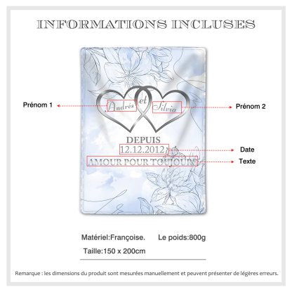Couverture Plaids Polaire 2 Prénoms Personnalisés avec Date et Texte pour Couple | Jessemade