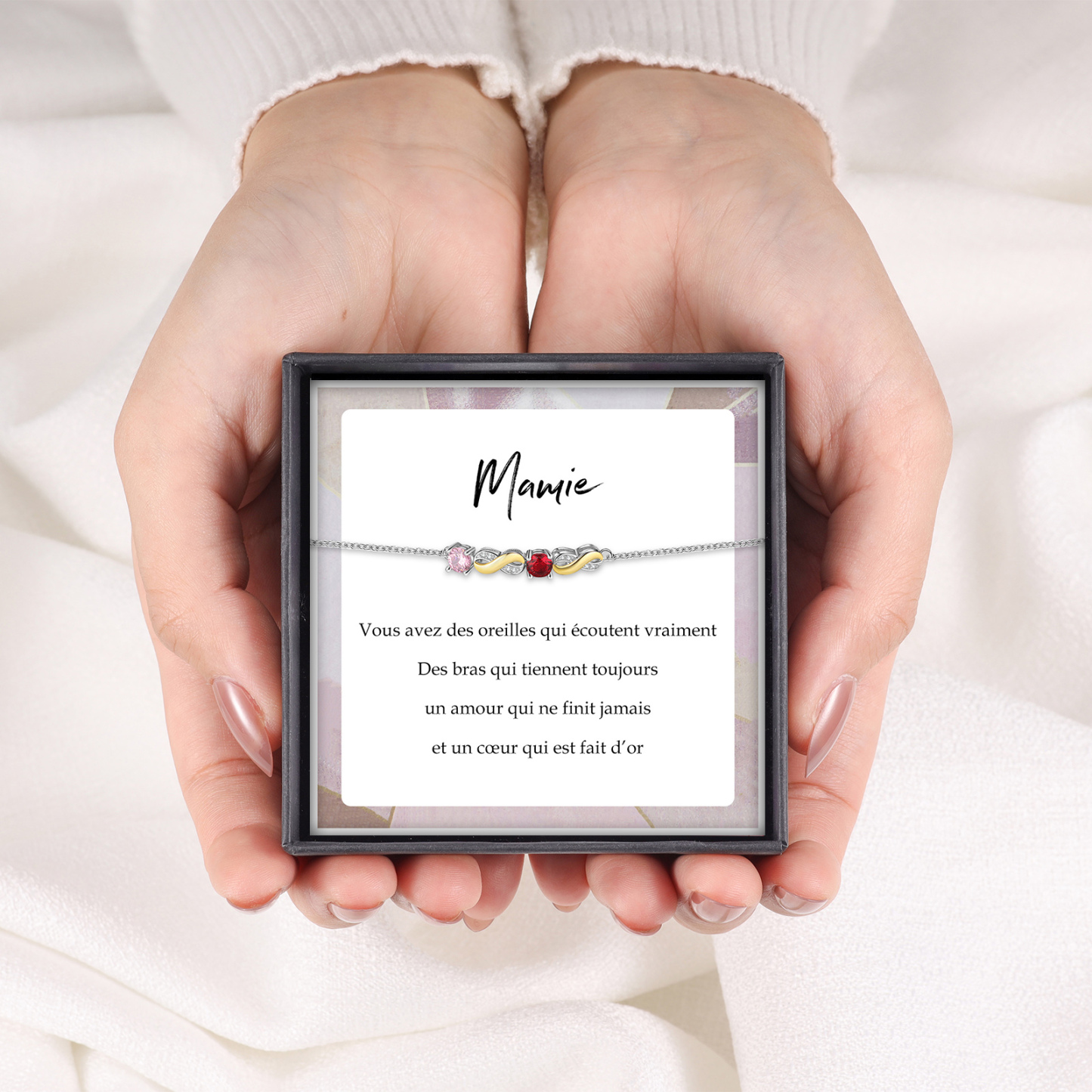 À Ma Mamie  - Bracelet infini 2 Prénoms Personnalisé avec 2 Pierres de Naissance