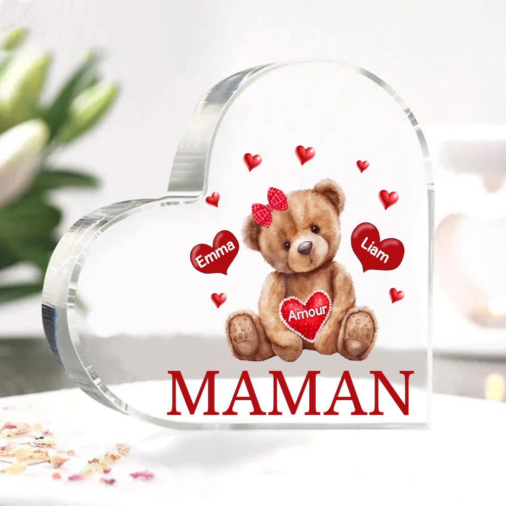 À ma Maman/Mamie - Plaque Acrylique Ours en Forme de Cœur 2 Prénoms Personnalisés avec 1 Texte