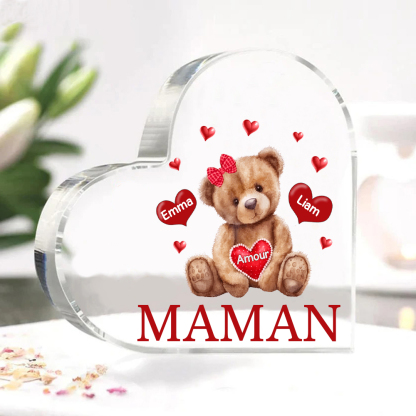 À ma Maman/Mamie - Plaque Acrylique Ours en Forme de Cœur 2 Prénoms Personnalisés avec 1 Texte