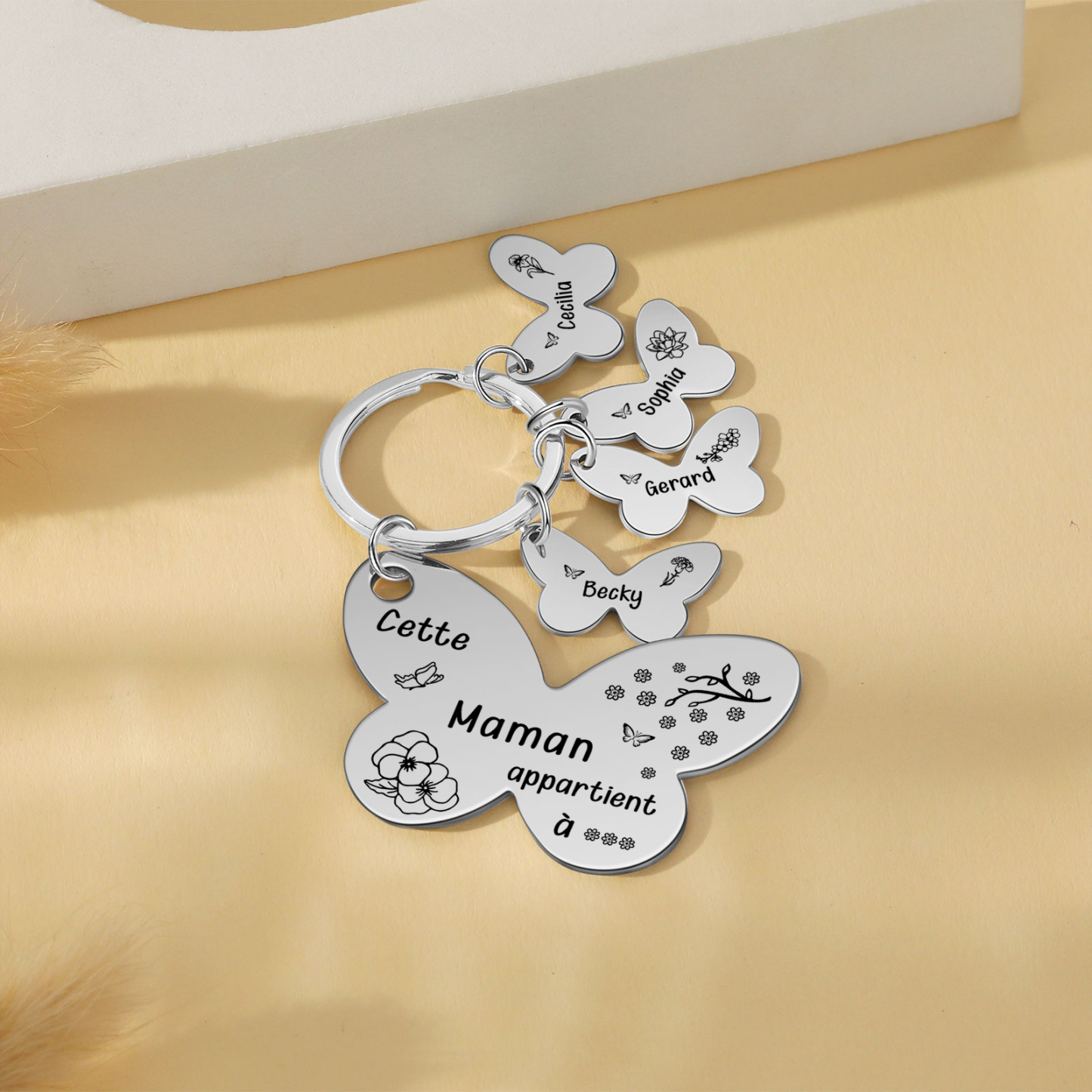 À Maman/Mamie - Porte-Clés Papillon 4 Prénoms et Fleurs de Naissance Personnalisés avec Texte 