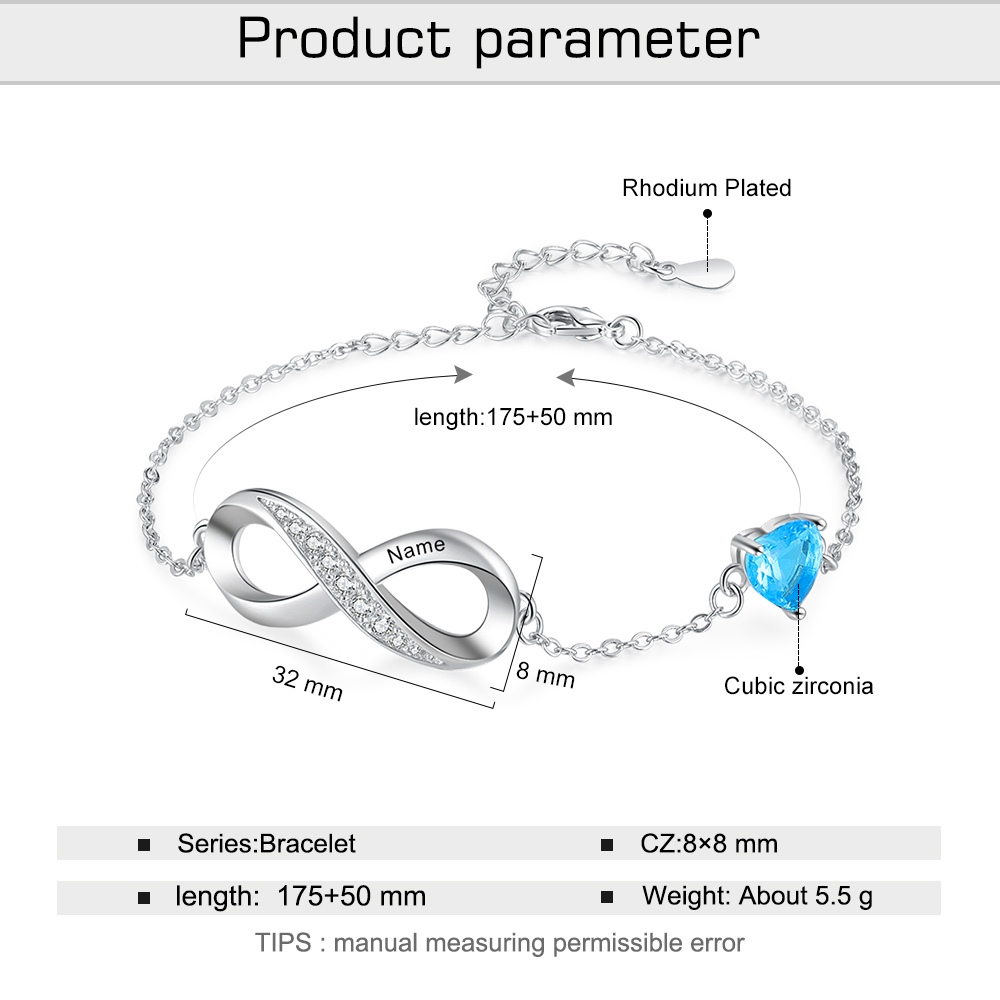 Bracelet infini à Breloque coeurs 1 Prénom Personnalisé avec 1 Pierre de Naissance