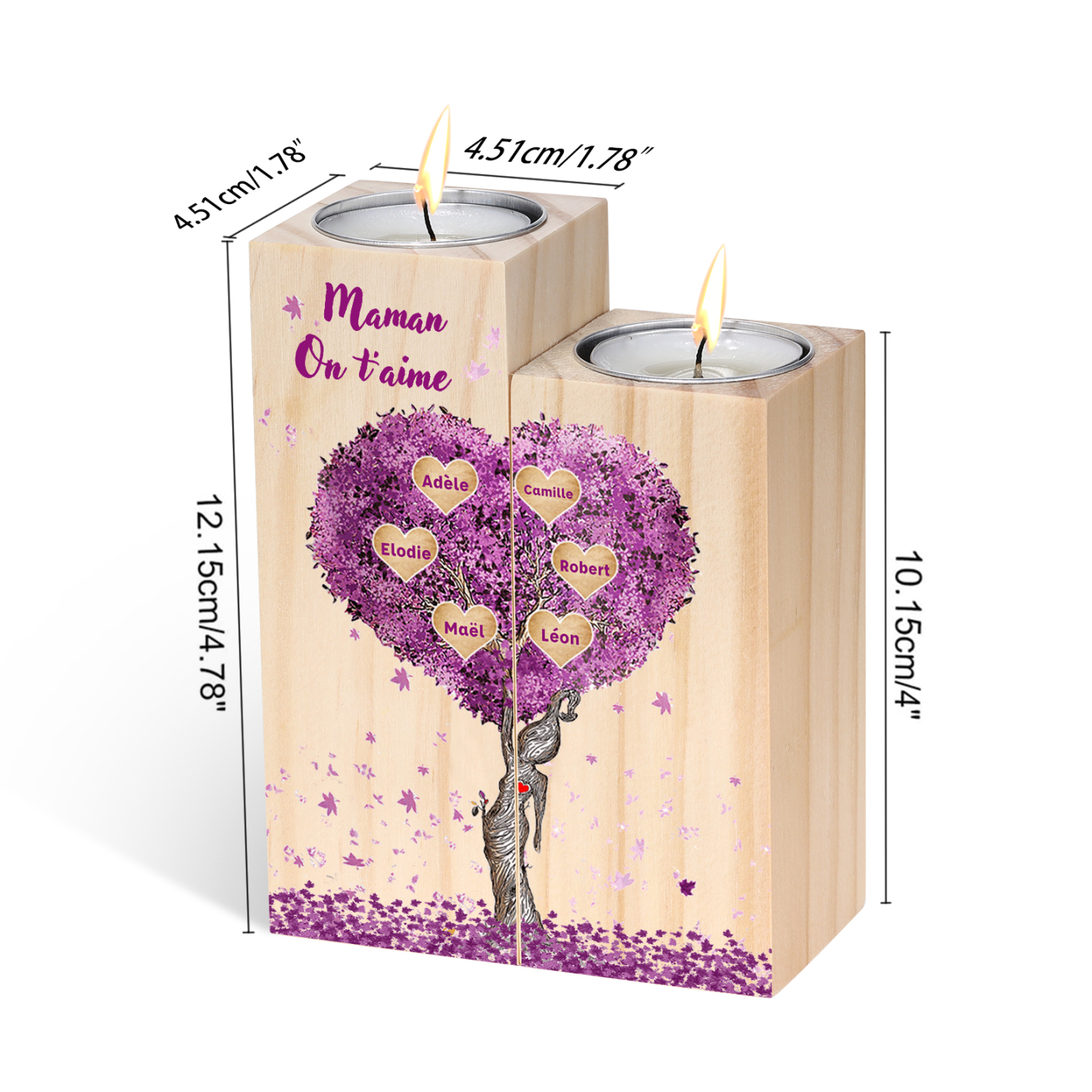 Bougeoirs en Bois sans bougie Arbre de vie Arbre généalogique 6 Prénoms Personnalisé avec 2 textes